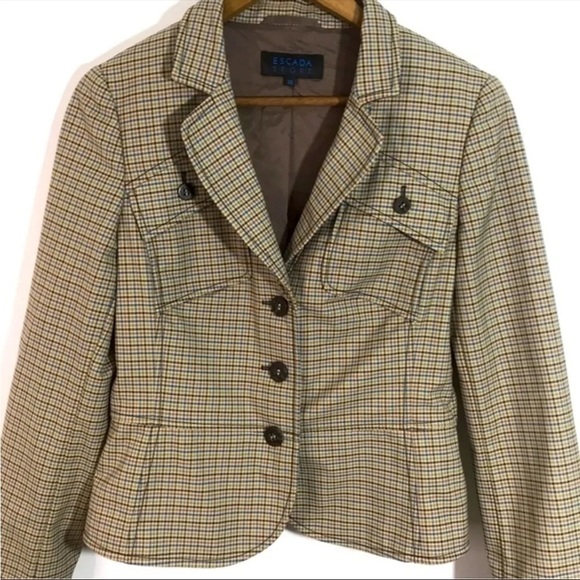 Escada Sport Womens Equestrian Fitted Neutral Plaid Jacket Blazer 6US / 36 Small - Picture 2 of 12